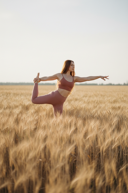 Woman in terracotta and dusty rose activewear doing a yoga pose in a wheat field