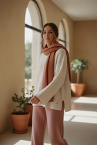 Woman in cream and dusty rose loungewear - RadiantVogues loungewear