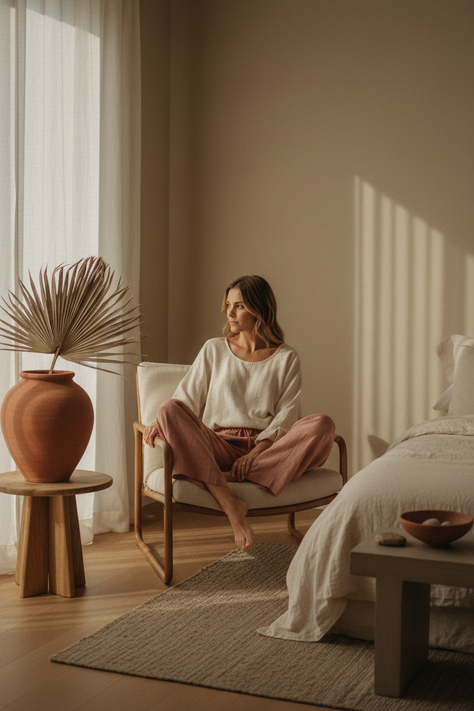Woman in cream and dusty rose linen outfit - RadiantVogues casual and linen