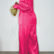 Elegant Plus Size Satin Tracksuit with Wide Leg Pants