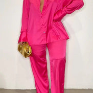 Elegant Plus Size Satin Tracksuit with Wide Leg Pants
