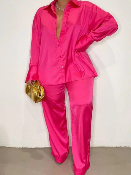 Elegant Plus Size Satin Tracksuit with Wide Leg Pants