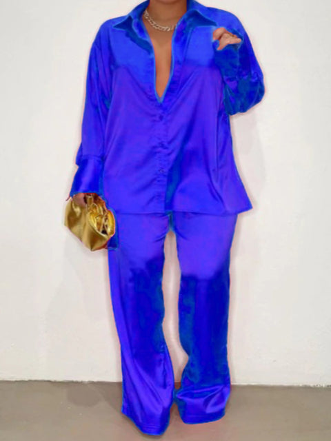 Elegant Plus Size Satin Tracksuit with Wide Leg Pants